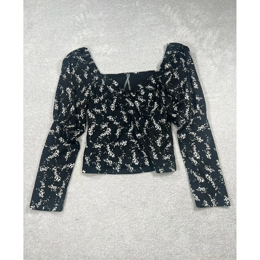 Anthropologie Blouse L Black Floral Puff Sleeve Sweetheart Crop Romantic Boho